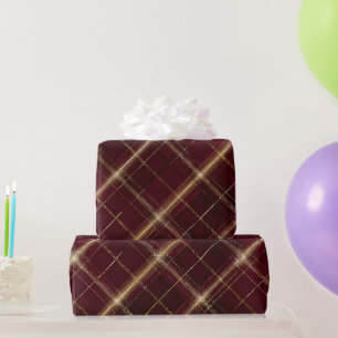 Papier Cadeau Motif carreau élégant bordeaux or royal vin