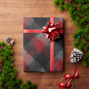 Papier Cadeau Motif carreau gris rouge cossu en bois