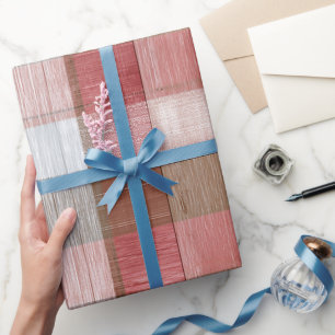 Papier Cadeau Motif carreaux rouge blanc rustique en bois de gra