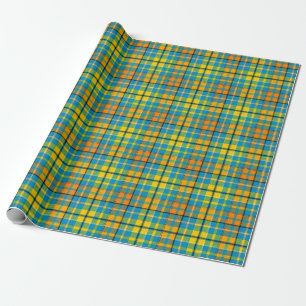 Papier Cadeau Motif carreaux tartan bleu jaune orange 