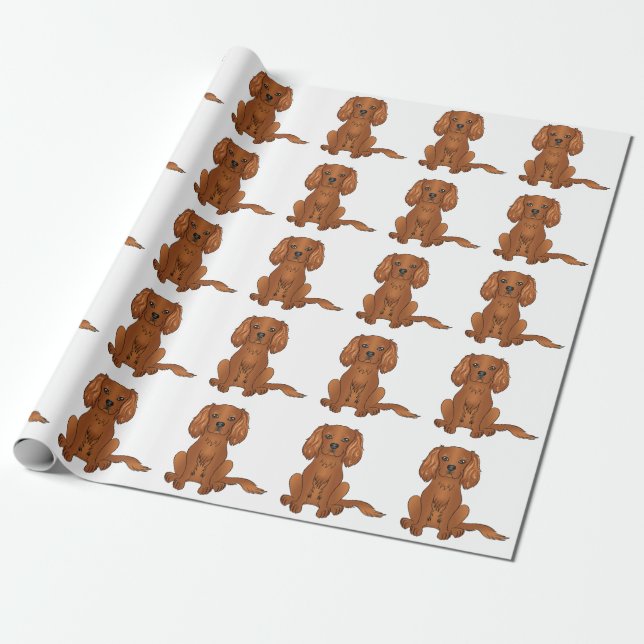 Papier Cadeau Motif Cavalier King Charles Spaniel couleur rubis (Déroulé)