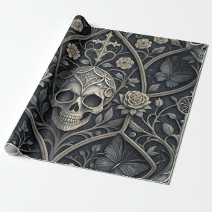 Papier Cadeau Motif céleste floral crâne gothique (2)