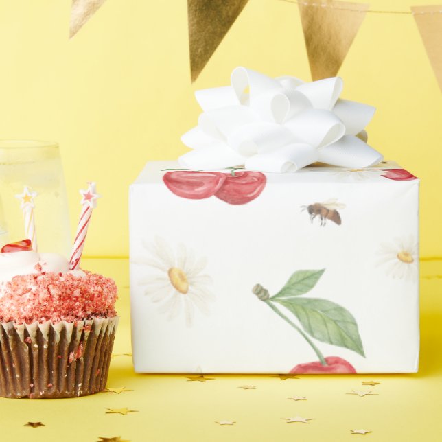 Papier cadeau motif cerise aquarelle (Fête d'anniversaire)