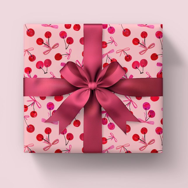 Papier Cadeau Motif cerises et arcs (Coquette cherry & bow girly pink wrapping paper rolls. Great for girls birthday or baby shower.)