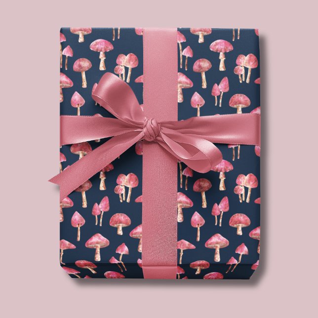 Papier Cadeau Motif champignon rose (Pink mushroom wrapping paper. Woodland mushrooms on navy blue background.)