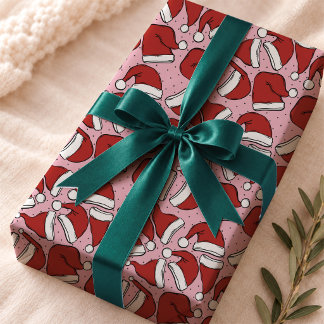 Papier Cadeau Motif Chapeau de Père Noël Rétro Rose Rouge Clair
