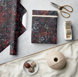 Papier Cadeau Motif Chat Noir Gothique & Fleurs Sombres