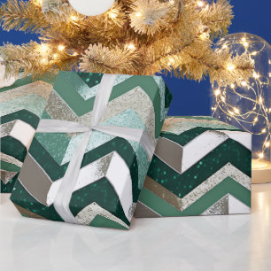 Papier Cadeau Motif Chevron Argent Métallisé Vert Élégant
