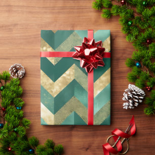 Papier Cadeau Motif Chevron Métal Doré Vert Élégant