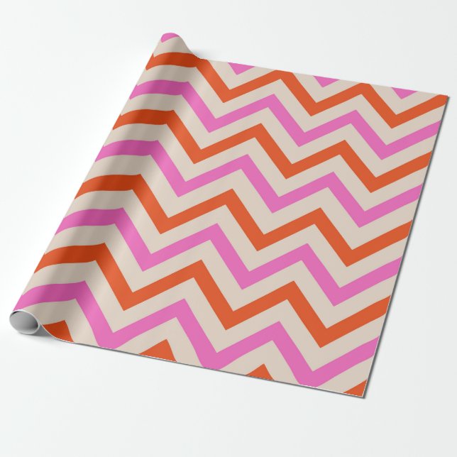 Papier Cadeau Motif chevron zigzag rose et orange  (Déroulé)