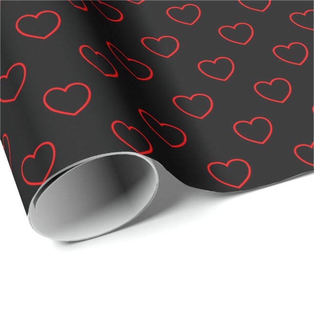 Papier Cadeau Motif Chic Red Hearts sur le noir (Coin rond)