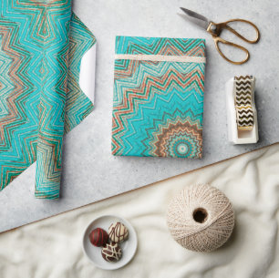 Papier Cadeau Motif circulaire turquoise, beige. Mandala.