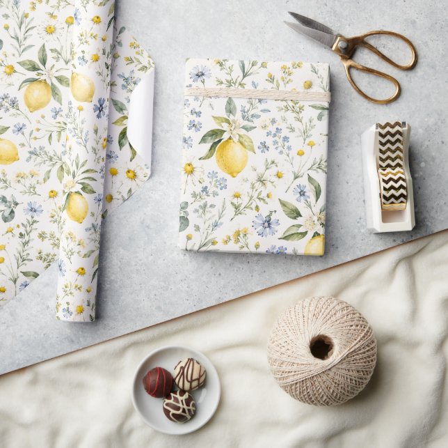 Papier Cadeau Motif citron et fleurs sauvages de campagne frança (Artisanat)
