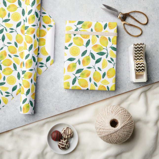 Papier Cadeau Motif citron jaune aquarelle (Artisanat)