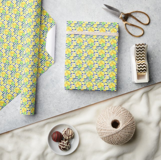 Papier Cadeau Motif Citrons à rayures bleues (Artisanat)