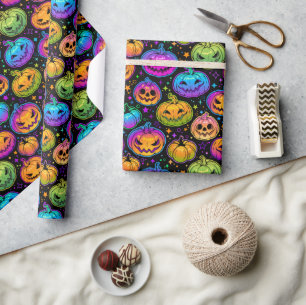 Papier Cadeau Motif Citrouille d'Halloween brillant et multicolo