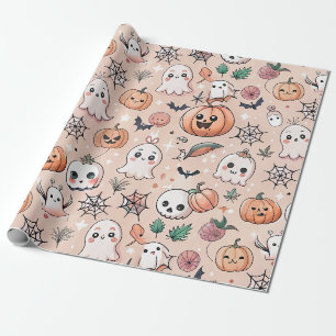 Papier Cadeau Motif Citrouille Fantôme Kawaii Halloween Orange
