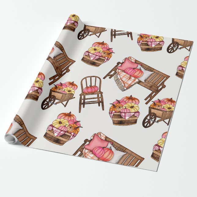 Papier Cadeau Motif Citrouille rose rustique (Déroulé)