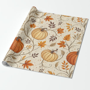 Papier Cadeau Motif Citrouille Rustique et Feuillage d'Automne