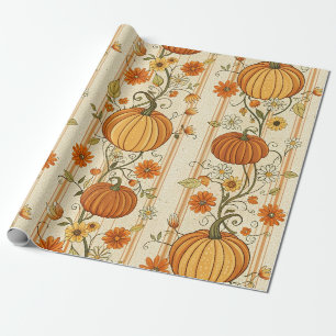 Papier Cadeau Motif Citrouille Rustique et Feuillage d'Automne (