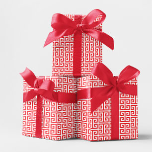Papier Cadeau Motif clé grec rouge et blanc vif