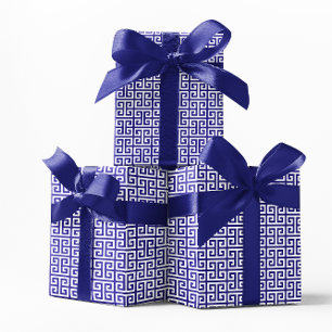 Papier Cadeau Motif clé grec ultramarin et blanc