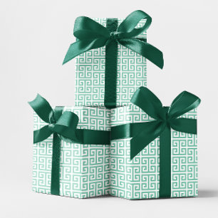 Papier Cadeau Motif Clé Grecque Turquoise Clair et Blanc
