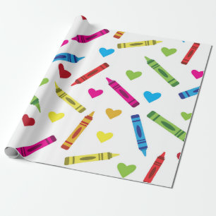 Papier Cadeau Motif coloré de crayons scolaires avec des cœurs 