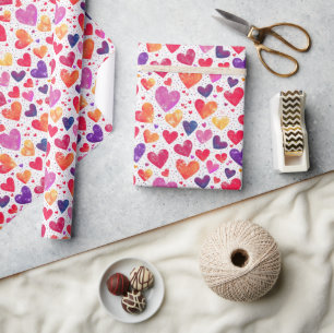 Papier Cadeau Motif coloré des Coeurs d'aquarelle