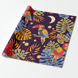 Papier Cadeau Motif coloré, oiseaux exotiques et plantes