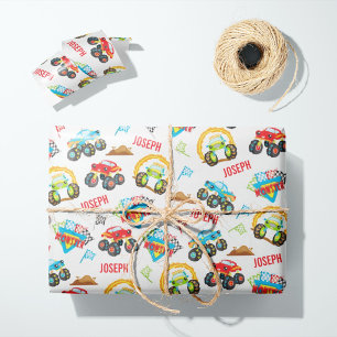 Papier Cadeau Motif Coloré Petit Garçon Monster Trucks
