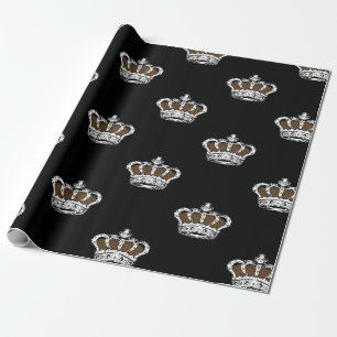Papier Cadeau Motif Couronne Marron Royale sur Fond Noir Audacie