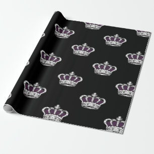 Papier Cadeau Motif Couronne Violet Royal sur Fond Noir Audacieu