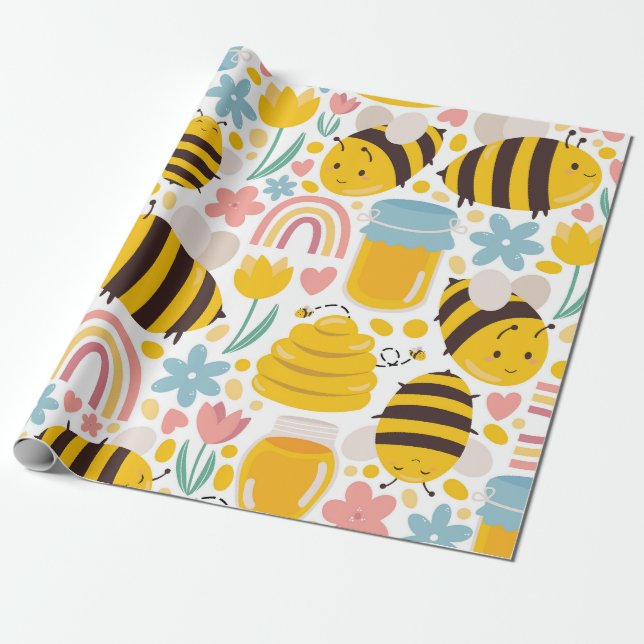 Papier Cadeau Motif d'abeilles de printemps (Déroulé)