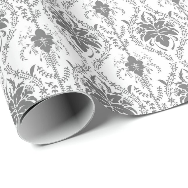 Papier Cadeau Motif Damask blanc et gris (Coin rond)