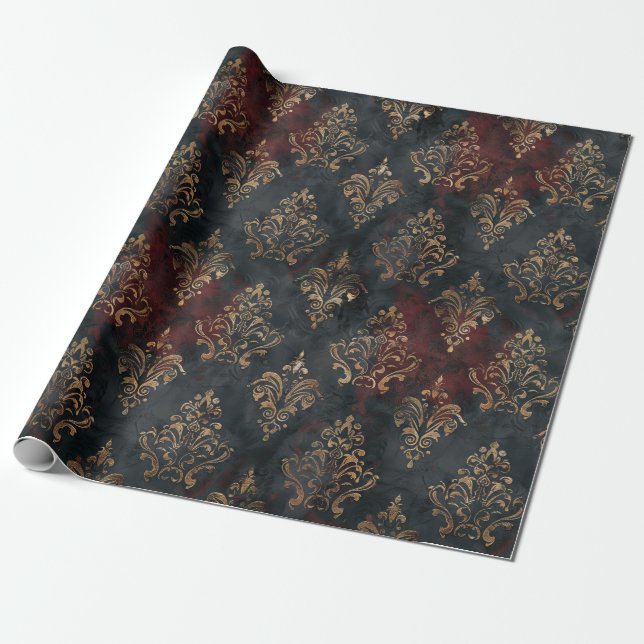 Papier Cadeau Motif Damask Noir Or Persan (2) (Déroulé)
