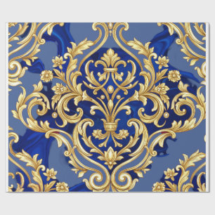 Papier Cadeau Motif damassé baroque bleu royal et or 