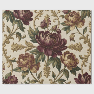 Papier Cadeau Motif damassé baroque doré de pivoine de Bourgogne