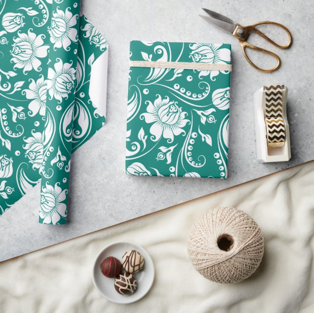 Papier Cadeau Motif damassé floral blanc et bleu turquoise (Artisanat)