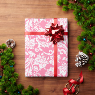 Papier Cadeau Motif damassé floral blanc et rose