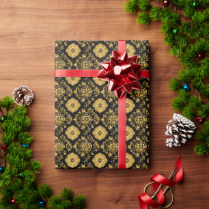Papier Cadeau Motif damassé floral or luxe sur fond noir