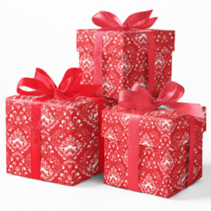 Papier Cadeau Motif damassé floral vintage blanc et rouge