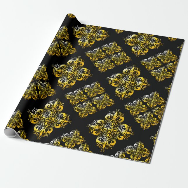 Papier Cadeau Motif damassé noir et or (Déroulé)