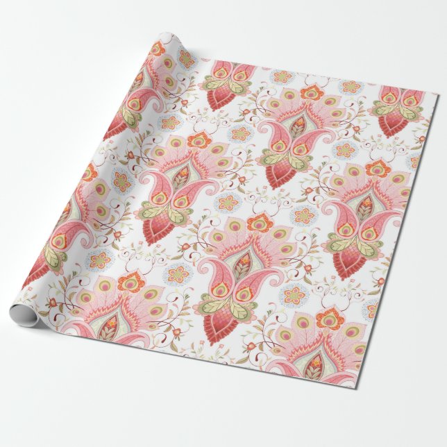 Papier Cadeau Motif damassé oriental floral avec paisley et pe (Déroulé)