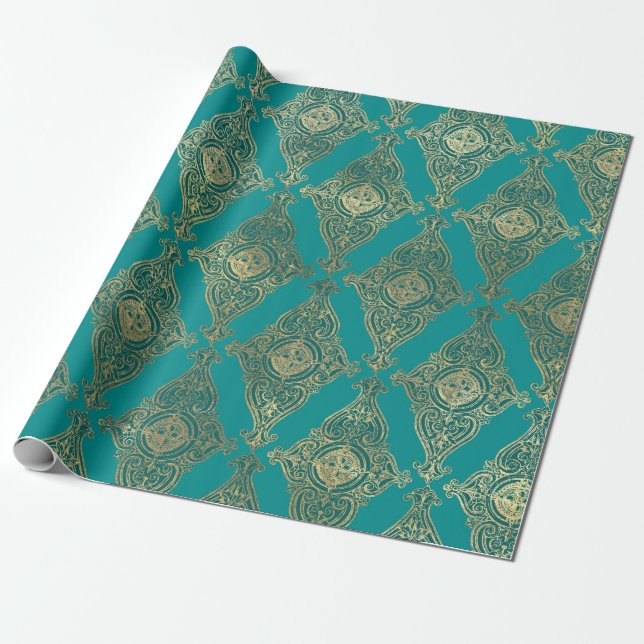 Papier Cadeau Motif damassé turquoise et or (Déroulé)