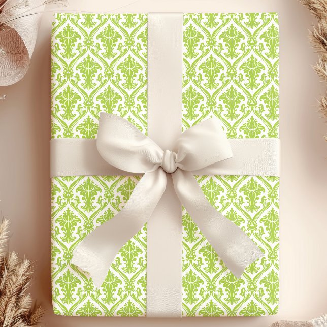 Papier Cadeau Motif damassé vert et blanc vintage (Créateur téléchargé)
