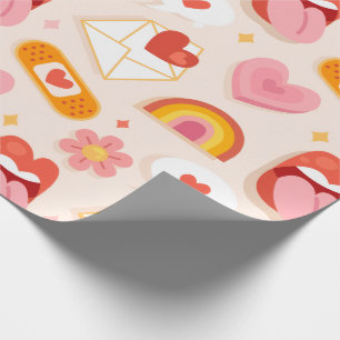 Papier Cadeau Motif d'amour mignon Groovy Rétro avec des cœurs