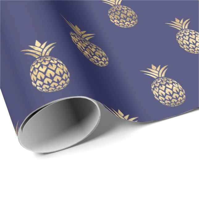 Papier Cadeau Motif d'ananas bleu de la Marine tropicale  (Coin rond)