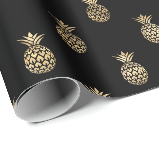 Papier Cadeau Motif d'ananas Tropical Black Gold (Coin rond)