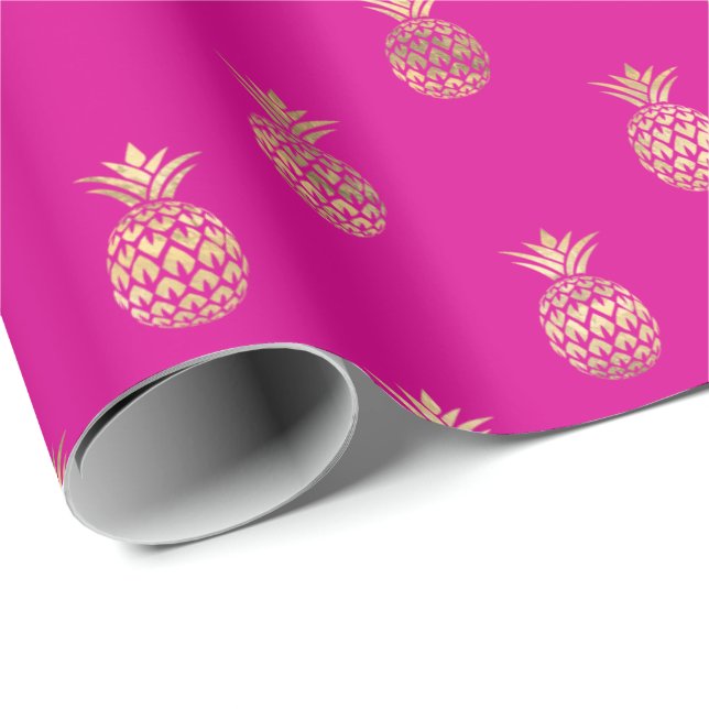 Papier Cadeau Motif d'ananas Tropical Hot Pink Gold  (Coin rond)